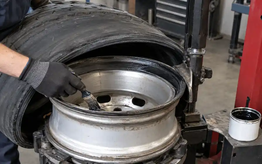 Brush applying bead-sealing compound to the exposed rim seat beside an unseated tyre bead.