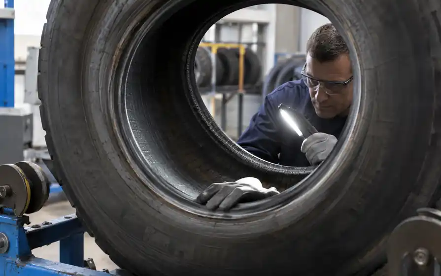 Technician examining the inner liner and bead of a tyre casing on a spreader.