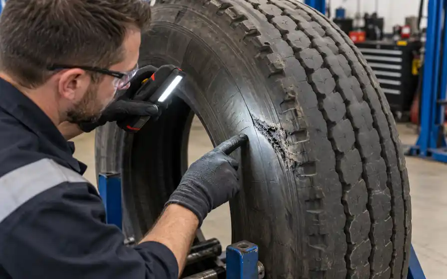 Technician inspecting a cut and scuffing on a commercial tyre shoulder with a light.