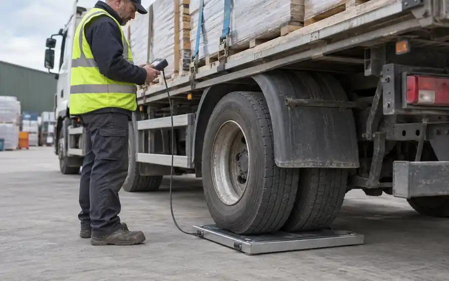 Truck rear twin tyres on a portable weighing pad while a technician checks the load reader.