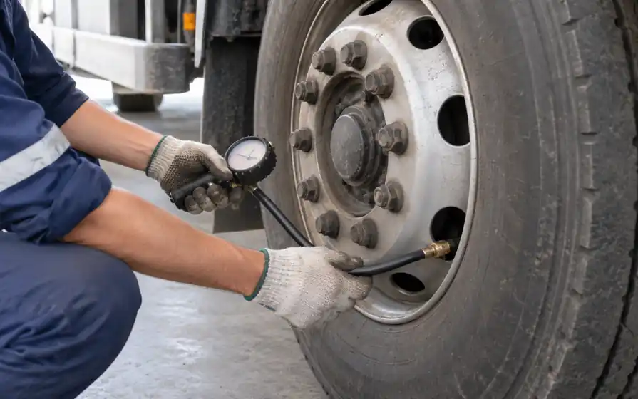Technician checking a truck tyre using a pressure gauge connected to the wheel valve.