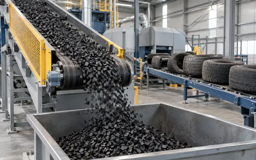 Shredded tyre rubber moving on a conveyor into a collection bin at a recycling facility.