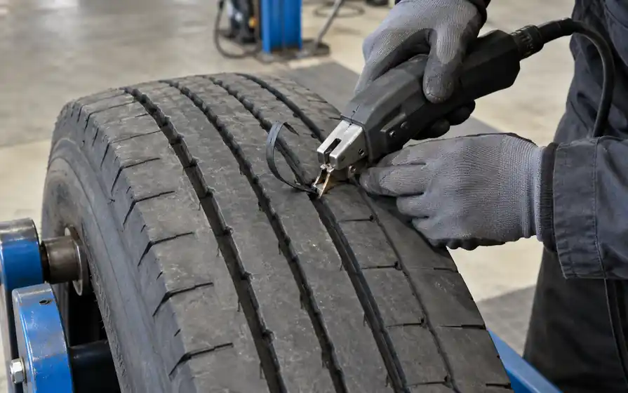 Electric regrooving tool cutting a truck tyre groove with a thin strip of removed rubber.
