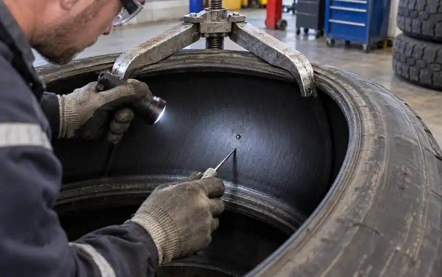 Technician illuminates and probes a small puncture in a demounted tyre held open for inspection.