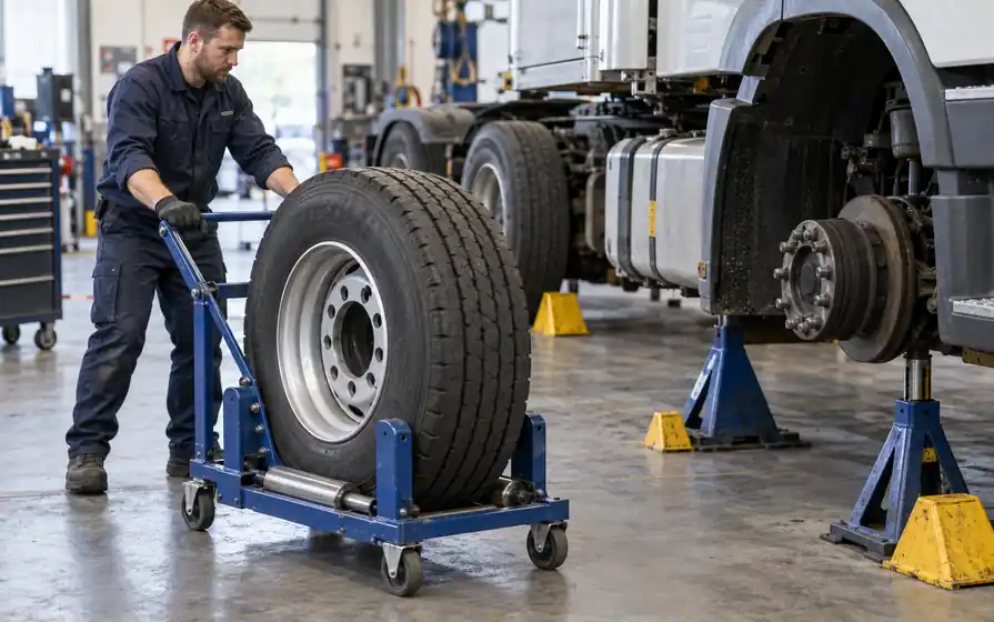 Technician moves a large truck wheel on a roller trolley beside a truck supported on axle stands.