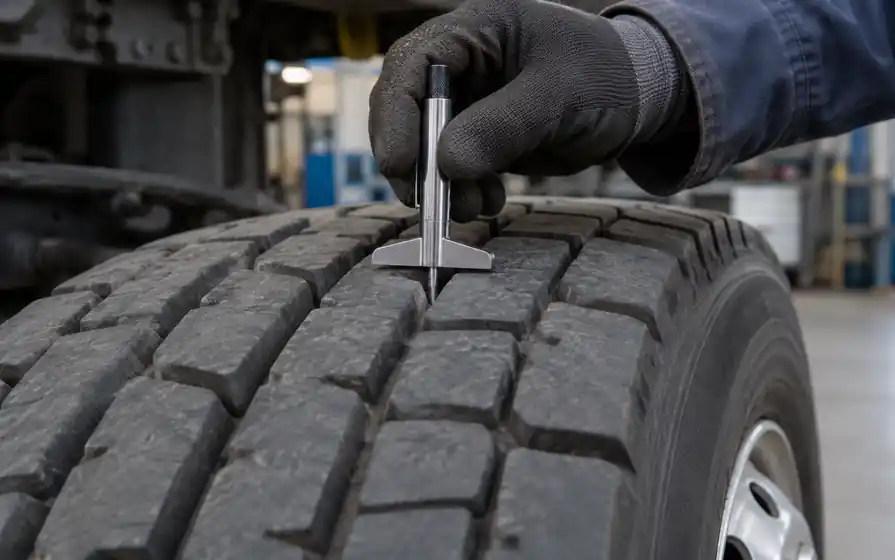 Gloved hand measuring a commercial tyre's tread depth with a probe seated in a tread groove.