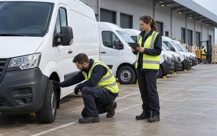 Technician inspecting the front tyre of a white delivery van while a supervisor uses a tablet beside a parked van fleet.