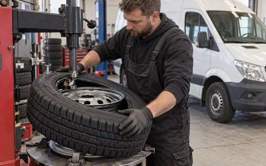 Mechanic fitting a new van tyre on a steel rim using a workshop tyre changing machine.