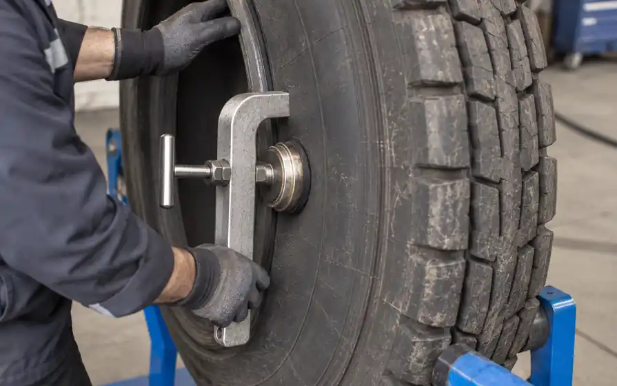 Technician holding a compact vulcanising clamp against the outer sidewall of a demounted tyre.