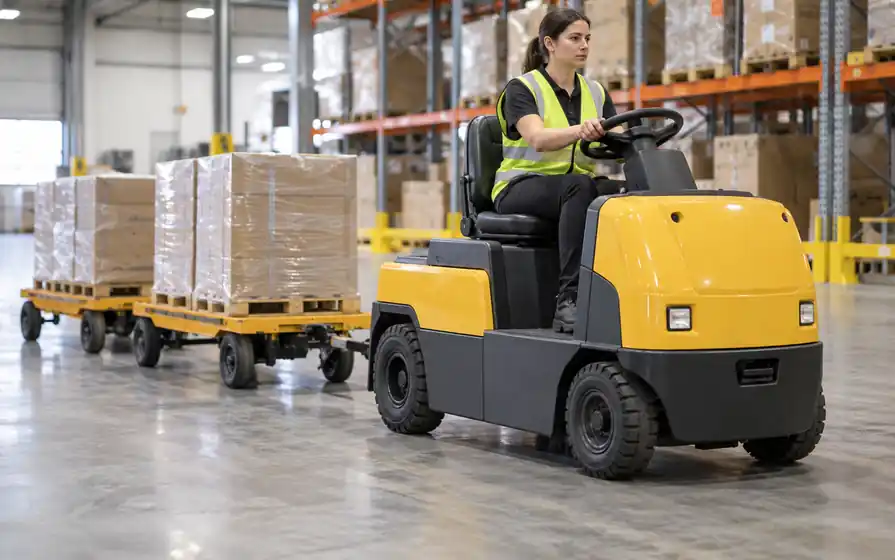Electric warehouse tug with small black rubber tyres towing platform carts.