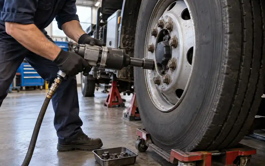 Technician removes a wheel nut with a pneumatic impact wrench while the truck wheel rests on a dolly.