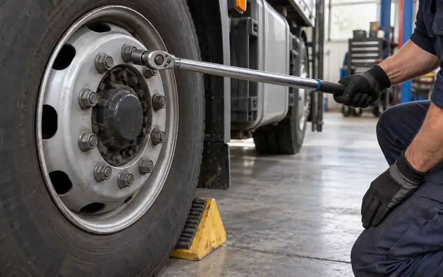 Technician grips the calibrated end handle of a torque wrench with its socket seated on a peripheral truck wheel nut.