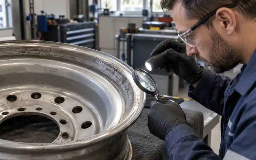 Technician inspects corrosion along a bare steel rim flange with a lamp and magnifying lens.