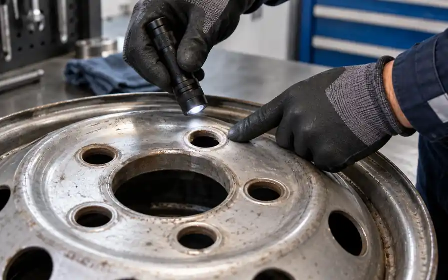 Technician shines a flashlight onto a steel wheel stud-hole edge and points to the rim metal for visual inspection.