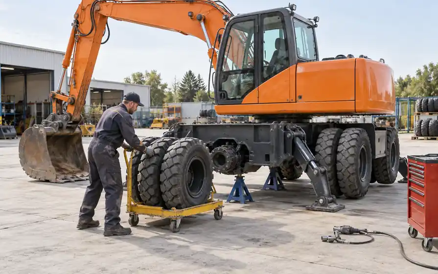 Technician positioning dual rubber wheels beside a supported wheeled excavator with its digging bucket grounded.